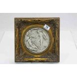 Ornate Gilt framed circular plaque, Marble style with Classical Greek or Roman lovers scene in