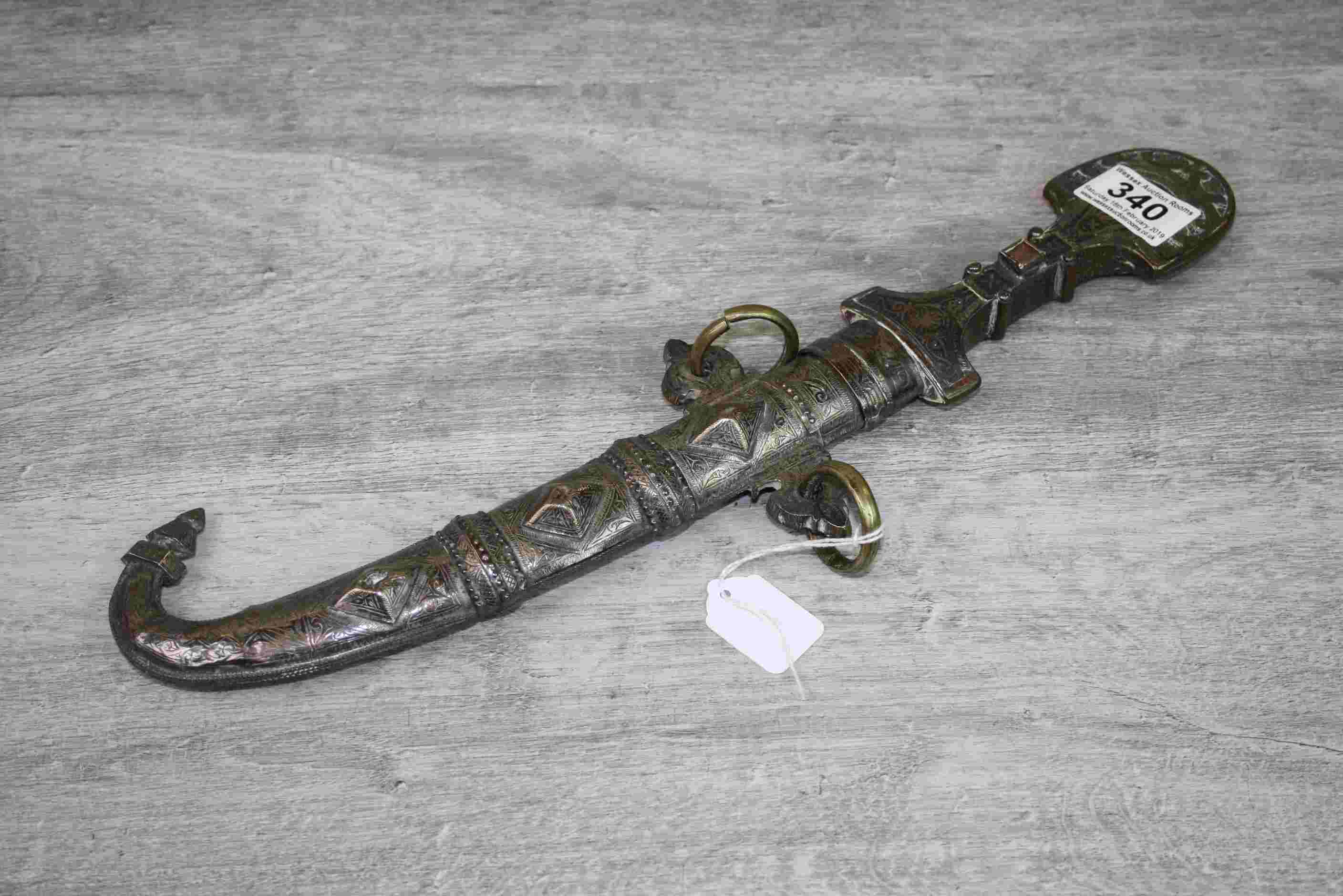 Middle Eastern decorative dagger with scabbard, fully decorated handle set with hardstone, length - Image 2 of 3