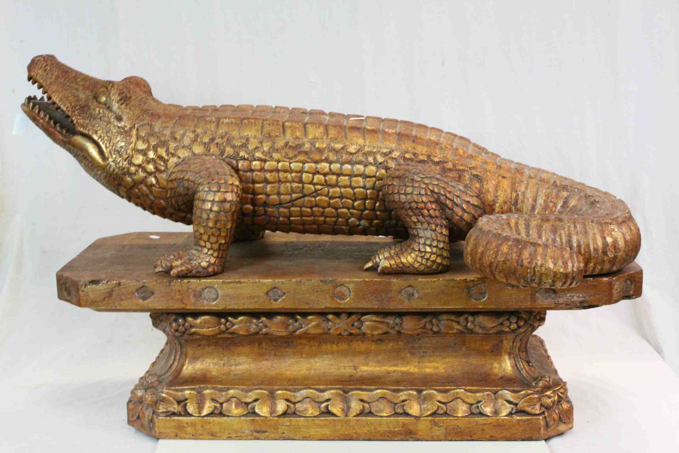 Large Asian carved Wooden model of a Crocodile with matching Hardwood plinth type stand with slots - Image 5 of 6