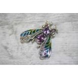 Silver Plique A Jour and Amethyst Dragon Fly Brooch