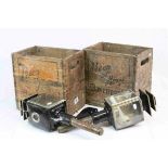 Two Vintage Wooden Beer Crates together with a Pair of 19th century Carriage Lamps (glass a/f)