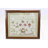 Wooden framed and glazed 19th Century Danish Sampler dated 1874