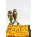 Indian throw, pair of Brass vases, cut glass dish & a Glass cased clock