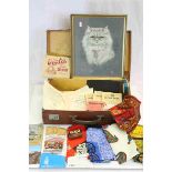 Small Leather suitcase & contents to include; framed pictures, Ephemera, Batique scarves etc