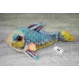 Vintage Steiff Flossy fish soft toy, circa 1960s/1970s with original card tag, blue yellow and