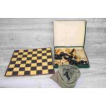 Wooden Chess set together with board and a bag of marbles
