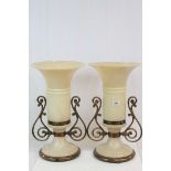 Pair of Alabaster Twin Handled Tulip Shaped Table Lamps (one a/f)