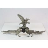 Pair of white metal Pheasants and a similar Eagle on Wooden plinth, marked "Ballantynes of