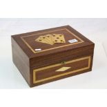 Large Wooden Playing Card Box with Boxwood Inlay and Applied Boxwood Playing Cards to Lid, 31cms