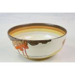 Clarice Cliff Bizarre hand painted fruit bowl in Coral Firs pattern, approx 21cm diameter