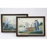 Pair of framed and glazed 19th Century Oriental Paintings on Silk of Birds, White Gulls & Red