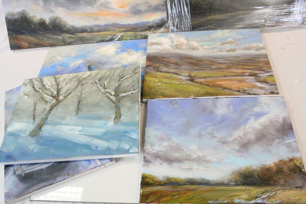 Seven unframed Oil on canvas pictures, mainly Countryside with dramatic sky, largest picture - Image 3 of 4