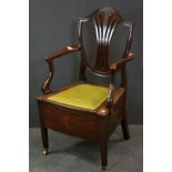 Cooper & Holt Sheraton Revival Mahogany Inlaid Elbow Commode Chair with Shield Shape Back carved