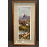 Oil Painting under Glass of South Asian Mountain Scene with Figure and Houses, 38cms x15cms,