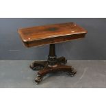 William IV Rosewood Card Table, the fold over top opening to reveal a circular pink baize playing