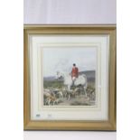 Framed and Glazed Watercolour of a Mounted Huntsman with Hounds in Moorland Setting (signature