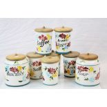 Set of Eight Vintage / Retro Tony Raymond Kitchen Storage Jars with Wooden Lids including