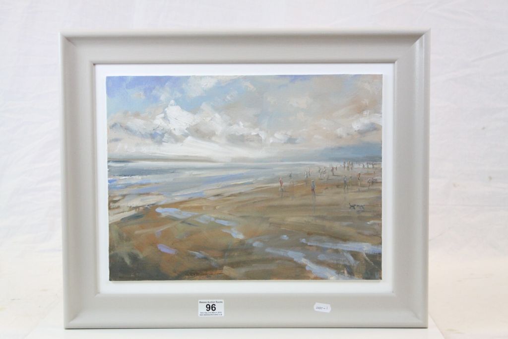 Contemporary Oil on canvas wooden framed picture of a Beach scene with Figures and Dogs, frame