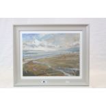 Contemporary Oil on canvas wooden framed picture of a Beach scene with Figures and Dogs, frame