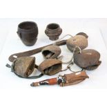 Five vintage Wooden Goat Bells, African Wooden pots, Dagger with sheath and a Wooden stirring tool