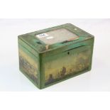 Vintage Oriental painted Wooden Tea caddy with glazed Picture panel to lid and later added images to