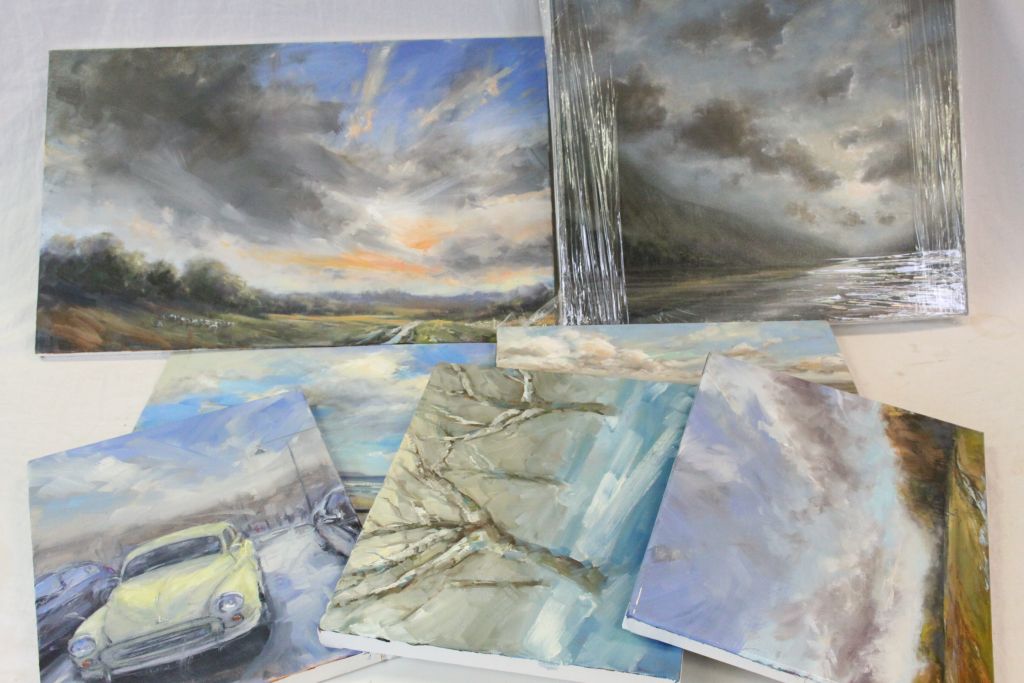 Seven unframed Oil on canvas pictures, mainly Countryside with dramatic sky, largest picture