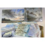 Seven unframed Oil on canvas pictures, mainly Countryside with dramatic sky, largest picture