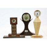 Three hand made Wooden Mantle Clocks, all with varying amounts of Marquetry inlay and Quartz