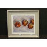 Contemporary Oil Painting on Board, Still Life Apples, 27cms x20cms, contained in a Painted Frame