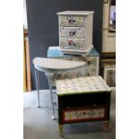 Four Items of Painted Furniture including Chest of Drawers, Demi-Lune Side Table, Three Drawer