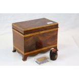 Handmade Wooden box with hinged lid and painted interior, contains a Barrel match holder with Teak