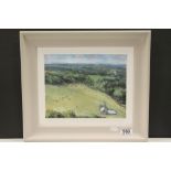 Contemporary painted wooden framed Oil on canvas Landscape featuring Cows and a farmhouse and