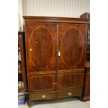 George III Mahogany Inlaid Clothes Press / Wardrobe, Two Doors opening to reveal hanging space above