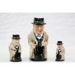 Royal Doulton ceramic set of three Winston Churchill Toby jugs in graduating sizes, the largest