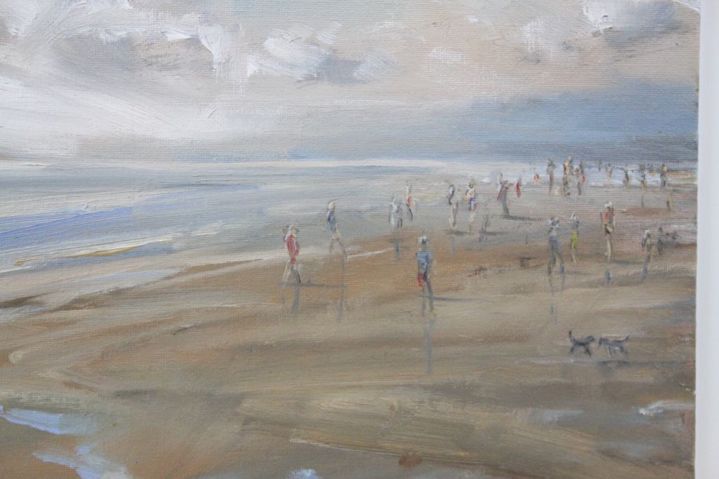 Contemporary Oil on canvas wooden framed picture of a Beach scene with Figures and Dogs, frame - Image 2 of 3