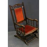 Late Victorian American Rocking Chair with Brass Studded Orange Upholsterey