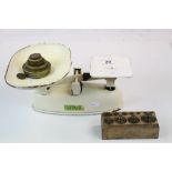 Vintage set of enamelled metal Kitchen Scales by "Harper" with two sets of Brass weights