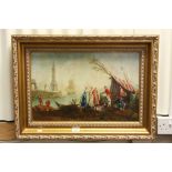 Oil on Board of 18th century Harbourside Scene with Figures signed lower right V. Diaz, 55cms x