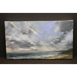 Box Canvas Oil Painting Figures on a Beach under Stormy Sky, 70cms x 40cms