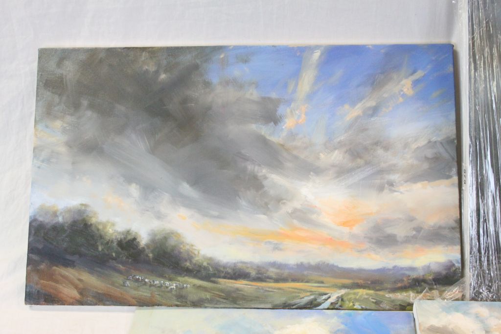 Seven unframed Oil on canvas pictures, mainly Countryside with dramatic sky, largest picture - Image 2 of 4