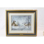 Framed Oil on canvas Winter Village scene, signed by the Artist with plaque to frame reading "