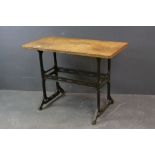 Vintage Industrial Work Table with Wooden Top and Iron Trestle Base, 106cms x 50cms x 76cms high