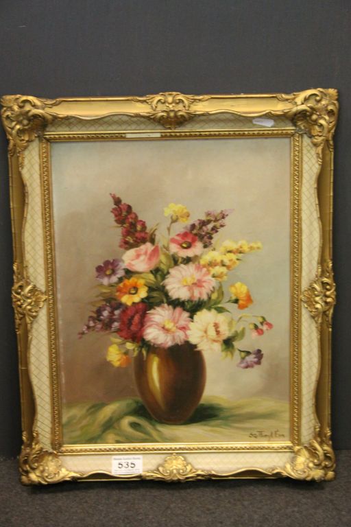 Oil on Board of Still Life Flowers in a Vase, indistinctly signed, 39cms x 29cms, Ornate Gilt Frame