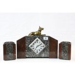French Art Deco Marble Mantle Clock with Garnitures and Spelter Alsatian, the silvered dial