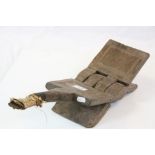 Vintage African folding Wooden Seat with carved decoration and fitted Fruit husking tool, approx