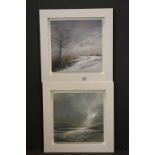 Pair of Contemporary Oil Paintings on Board, Snowy Countryside Landscape and Seascape under Stormy