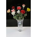 Sorrento cut glass vase with 10 Capodimonte Roses, vase approx 25cm tall