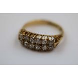 Edwardian diamond 18ct yellow gold boat head ring, comprising two row graduated old cut diamond