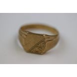 9ct yellow gold signet ring, foliate engraved plain cartouche, size of head approximately 9.5mm x