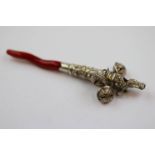 White metal three bell babies whistle rattle, castle floral decoration to whistle, cast foliate